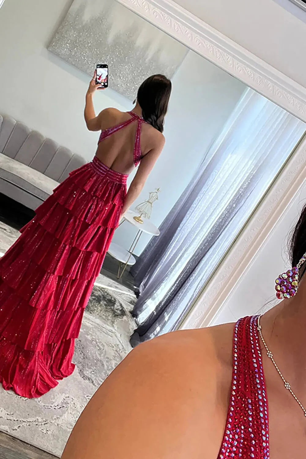 Biztunnel Classic Ruffled Halter Neck A Line Long Prom Dress with Slit