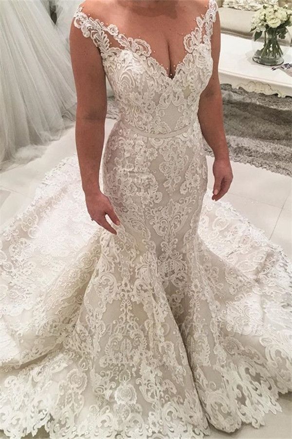 Biztunnel Deep V-Neck Floor-Length Mermaid Wedding Dress with Lace Appliques