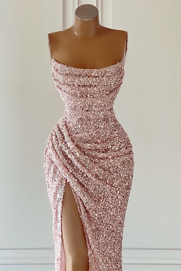 Biztunnel Dusty Pink Mermaid Square Sequin Sleeveless Long Prom Dress with Slit