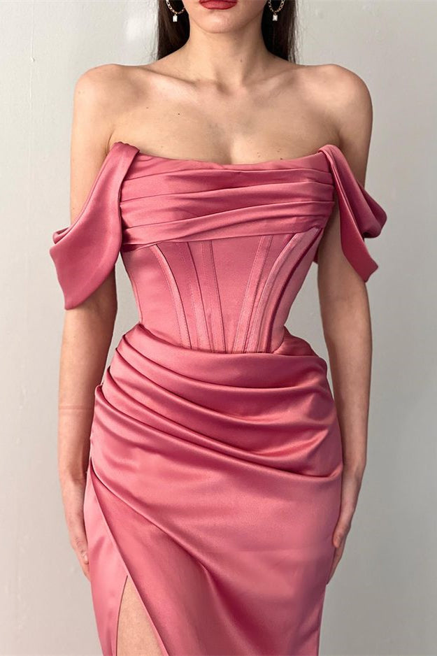 Biztunnel Dusty Rose Off-the-Shoulder Draped Prom Dress Mermaid with Split