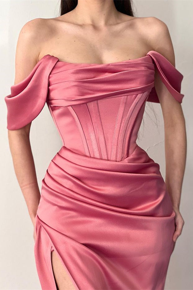 Biztunnel Dusty Rose Off-the-Shoulder Draped Prom Dress Mermaid with Split