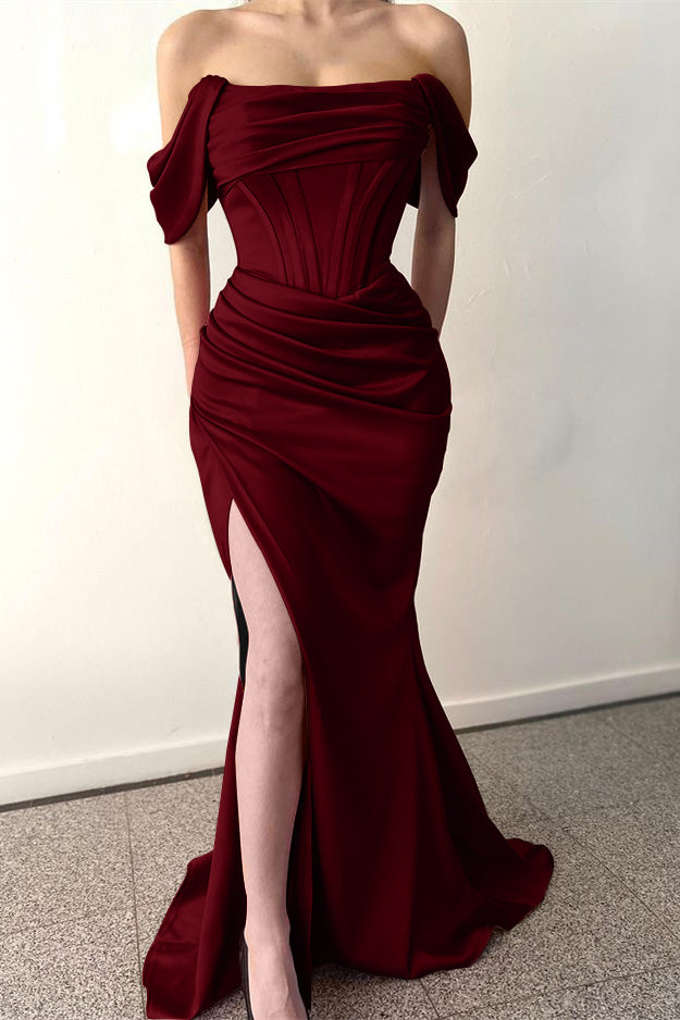 Biztunnel Dusty Rose Off-the-Shoulder Draped Prom Dress Mermaid with Split