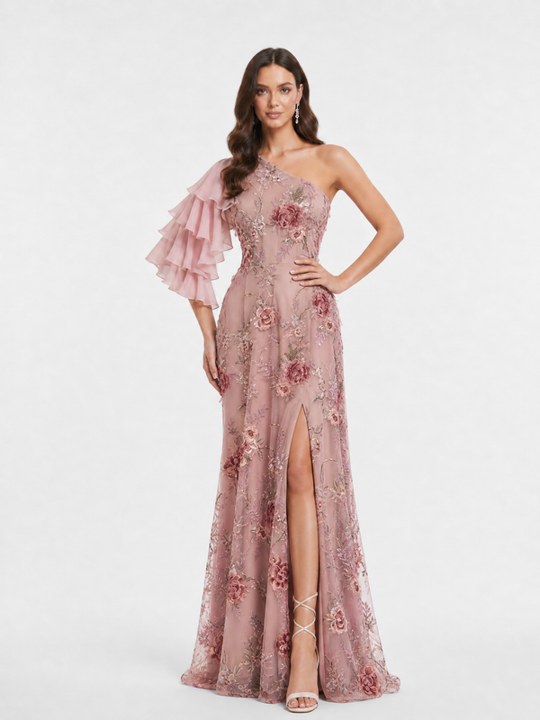 Dusty Rose One Shoulder Tiered Ruffle Sleeve Floral Applique Mother of the Bride Dress with High Slit