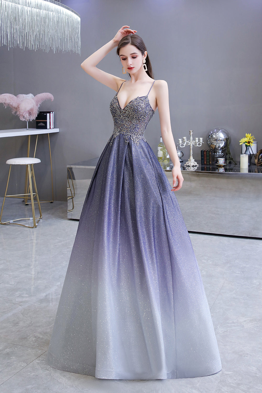 Elegant Long A-line Spaghetti Straps Appliques Beads Ombre Formal Prom Dress with Pockets