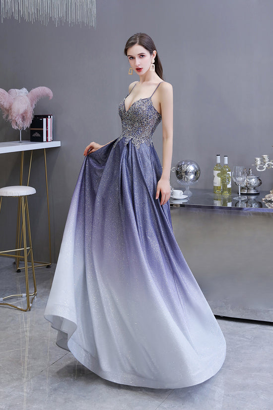 Elegant Long A-line Spaghetti Straps Appliques Beads Ombre Formal Prom Dress with Pockets