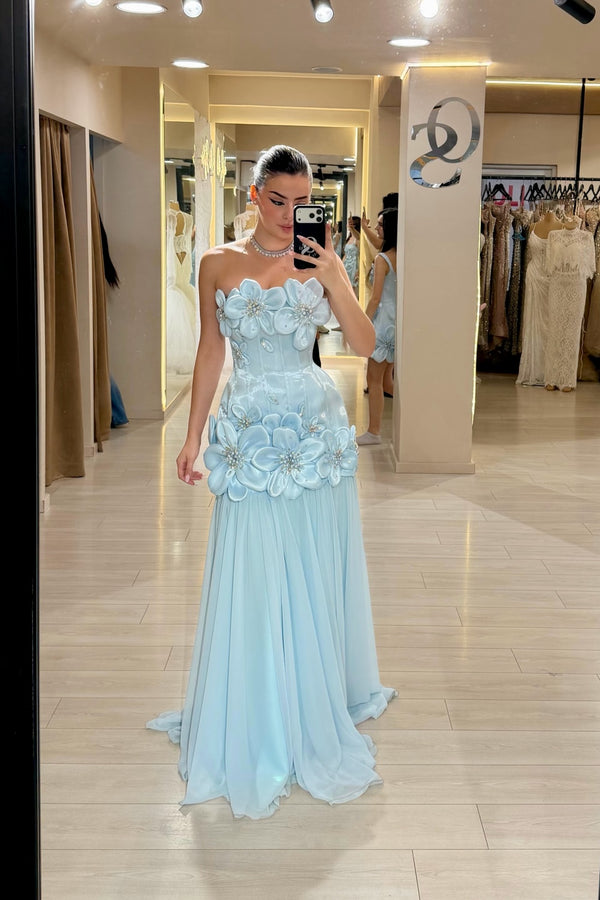Elegant Light Blue 3D Floral Applique Formal Gown With Detachable Overskirt