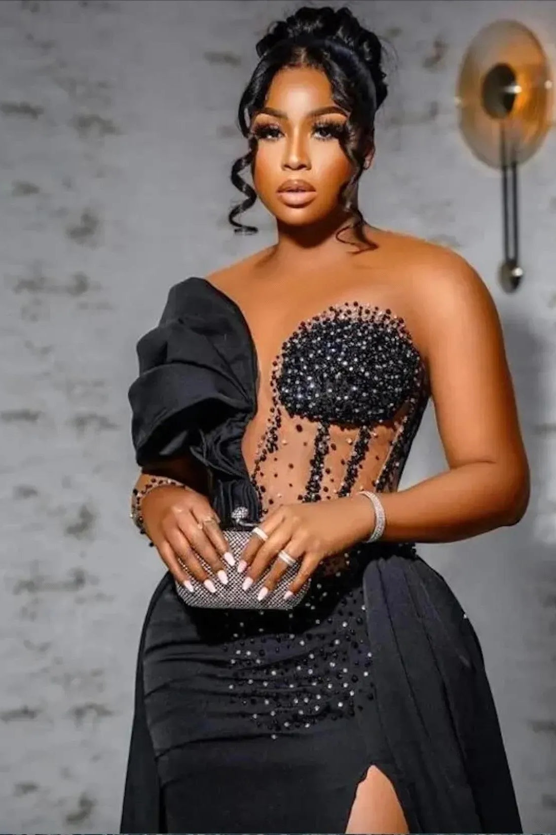 Biztunnel Elegant Black Beaded High-split Mermaid Formal Dress with Drape