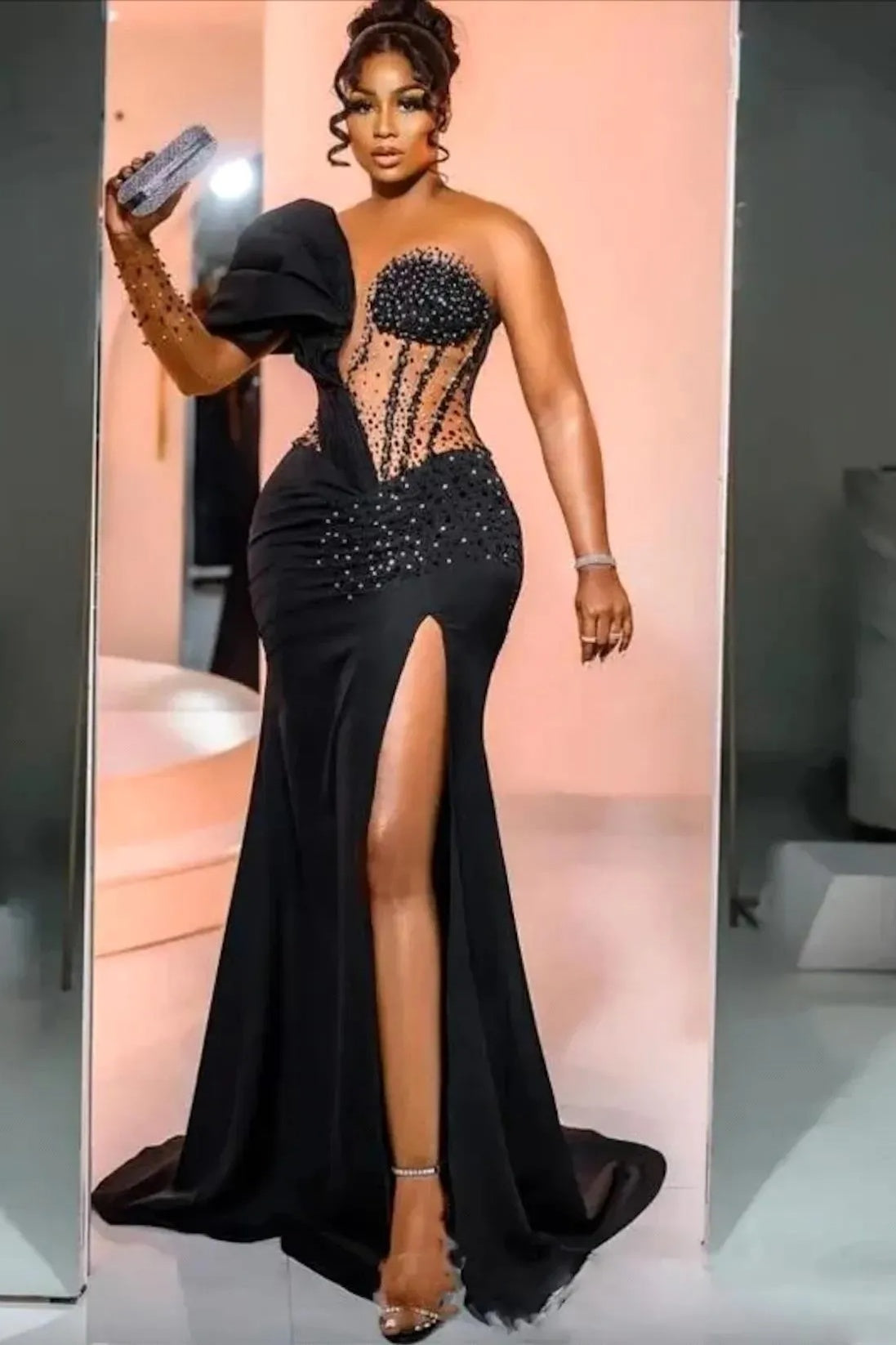 Biztunnel Elegant Black Beaded High-split Mermaid Formal Dress with Drape