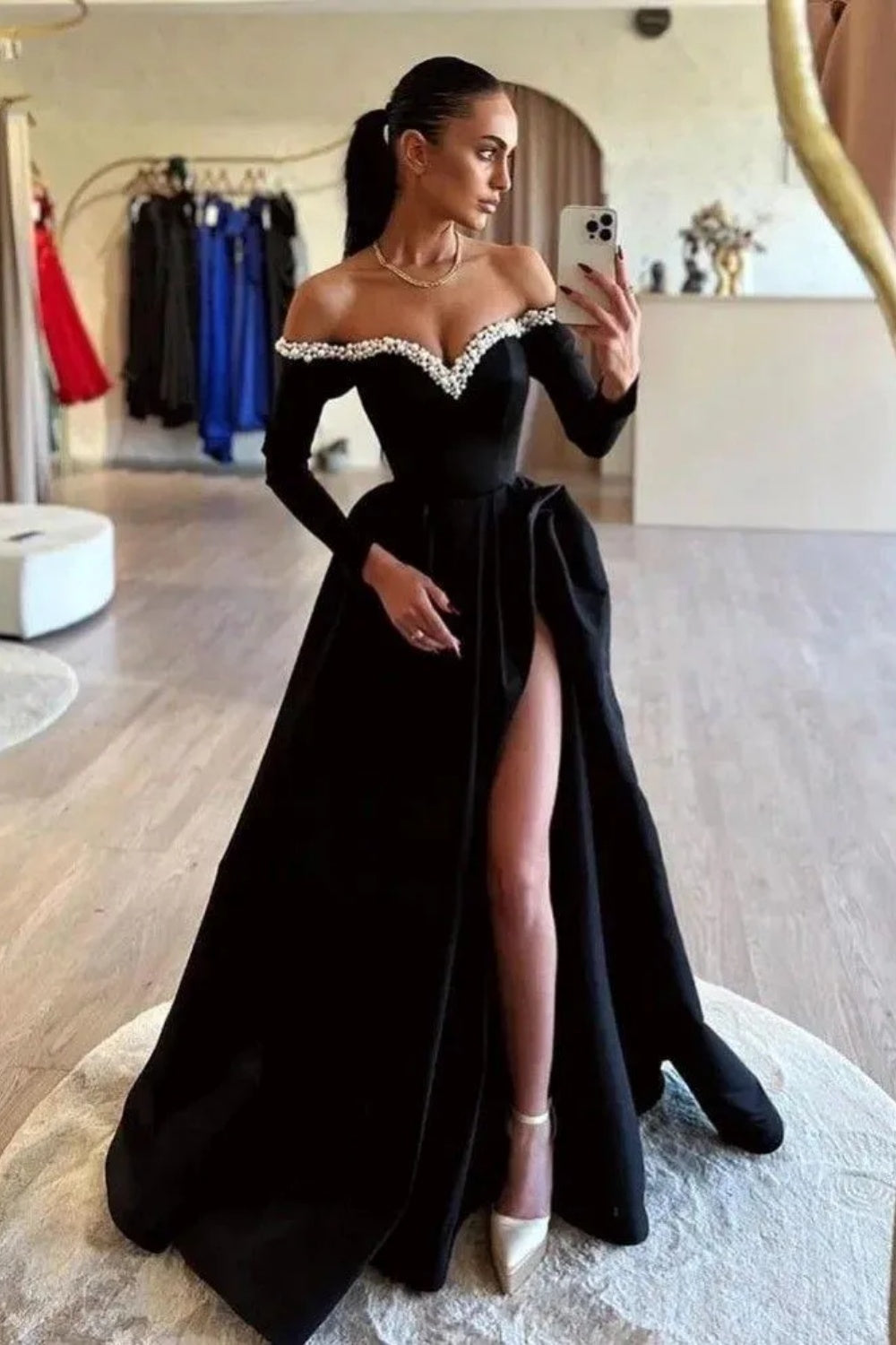 Biztunnel Elegant Black Off-the-shoulder High-split A Line Long Evening Dress with Beads