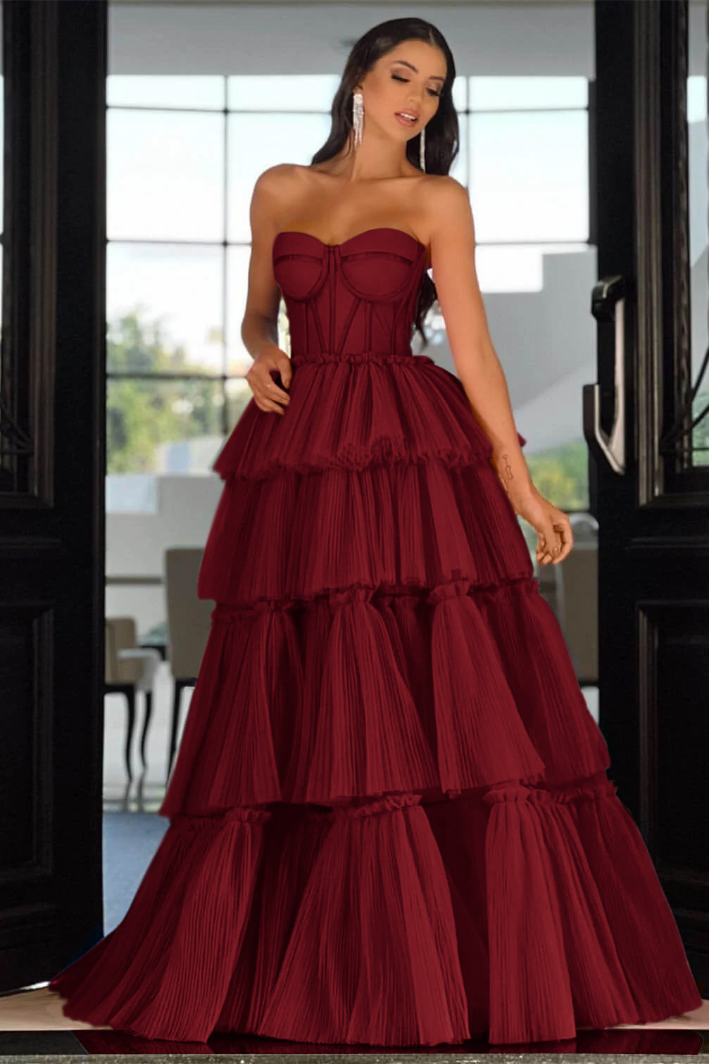 Biztunnel Elegant Fuchsia Sweetheart Long Sleeveless Prom Dress with Cascading Ruffles