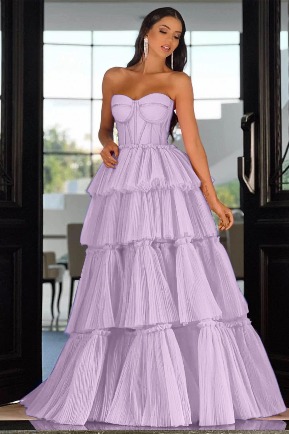 Biztunnel Elegant Fuchsia Sweetheart Long Sleeveless Prom Dress with Cascading Ruffles