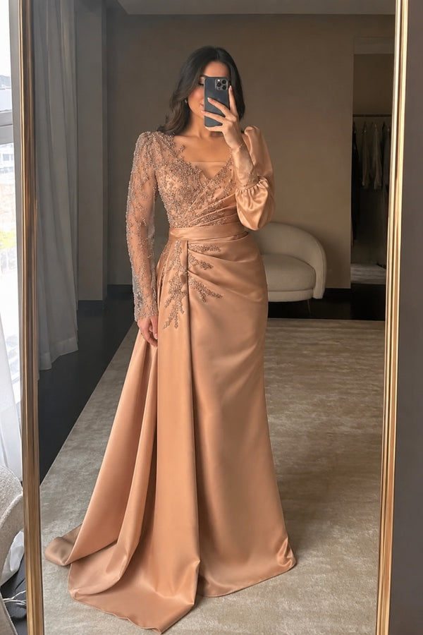 Elegant Long A-Line Ruffles Satin Prom Dress with Sleeves