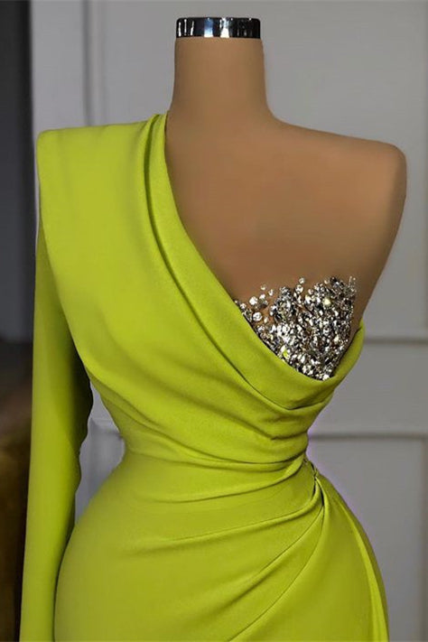 Biztunnel Elegant Mermaid Long Sleeve One Shoulder Evening Dress with Rhinestones