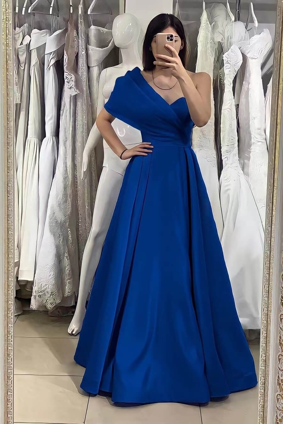 Biztunnel Elegant Royal Blue A line Sweetheart One Shoulder Formal Dress