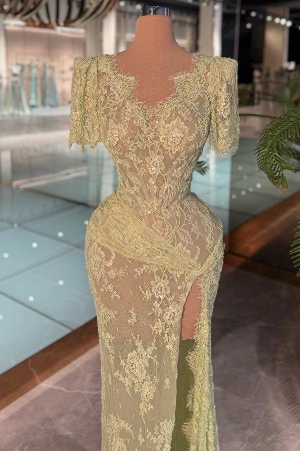 Biztunnel Elegant Short Sleeves Lace Mermaid Evening Dress V-neck with Split