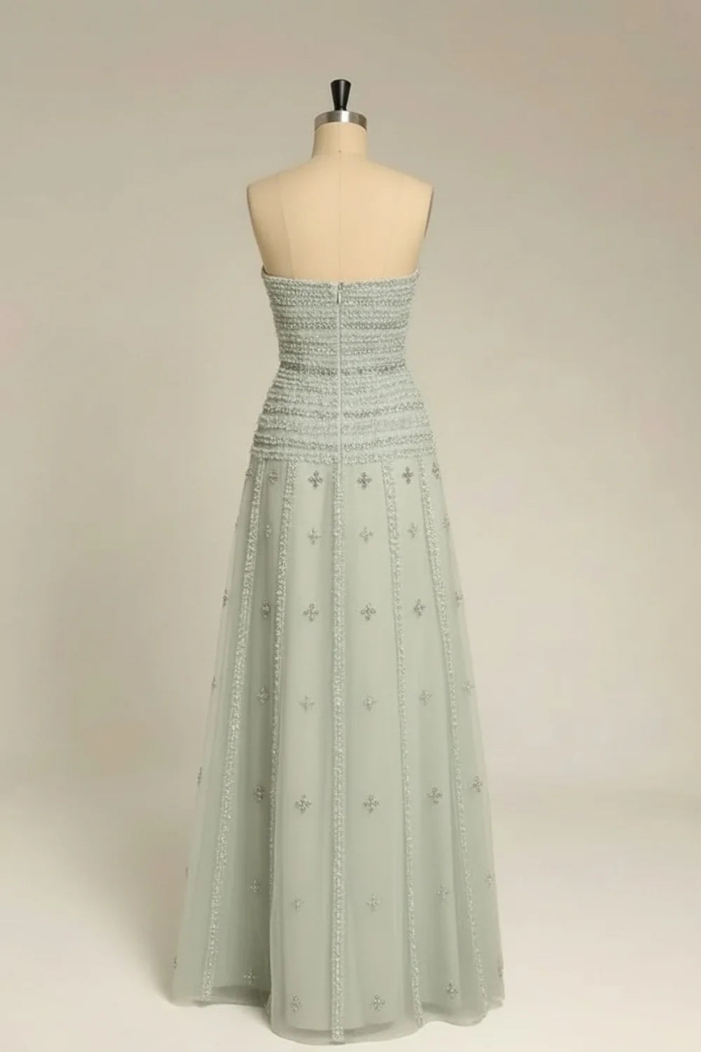 Biztunnel Elegant Sleeveless Sage Green A-line Strapless Formal Dress with Appliques