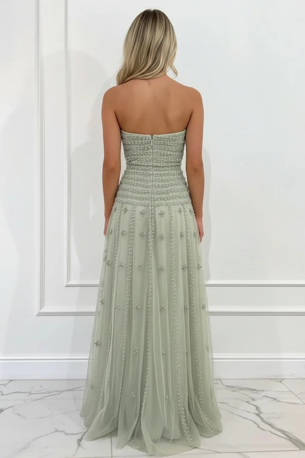 Biztunnel Elegant Sleeveless Sage Green A-line Strapless Formal Dress with Appliques