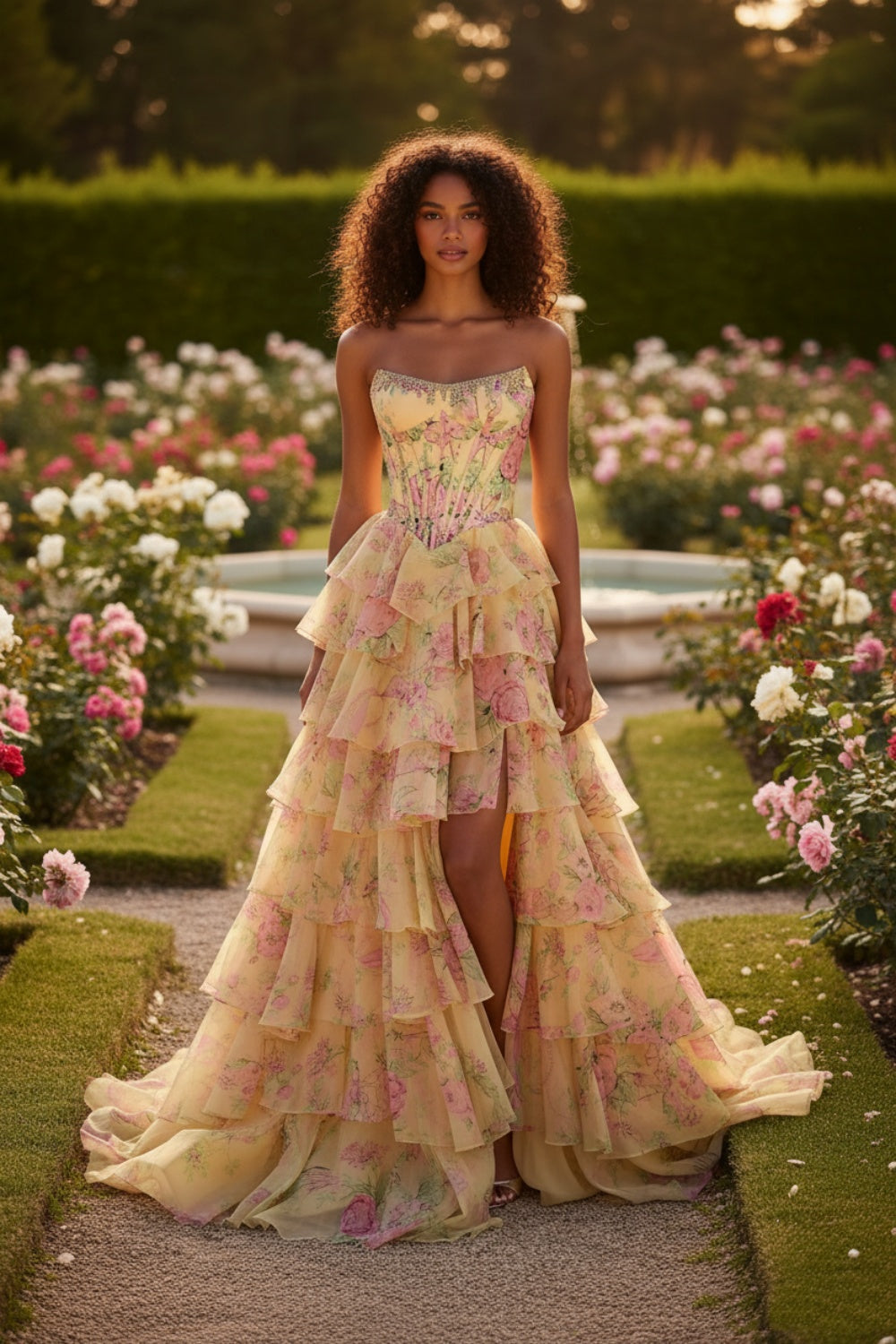 Biztunnel Floral Ruffled Strapless A Line Sleeveless Long Prom Dress with Split