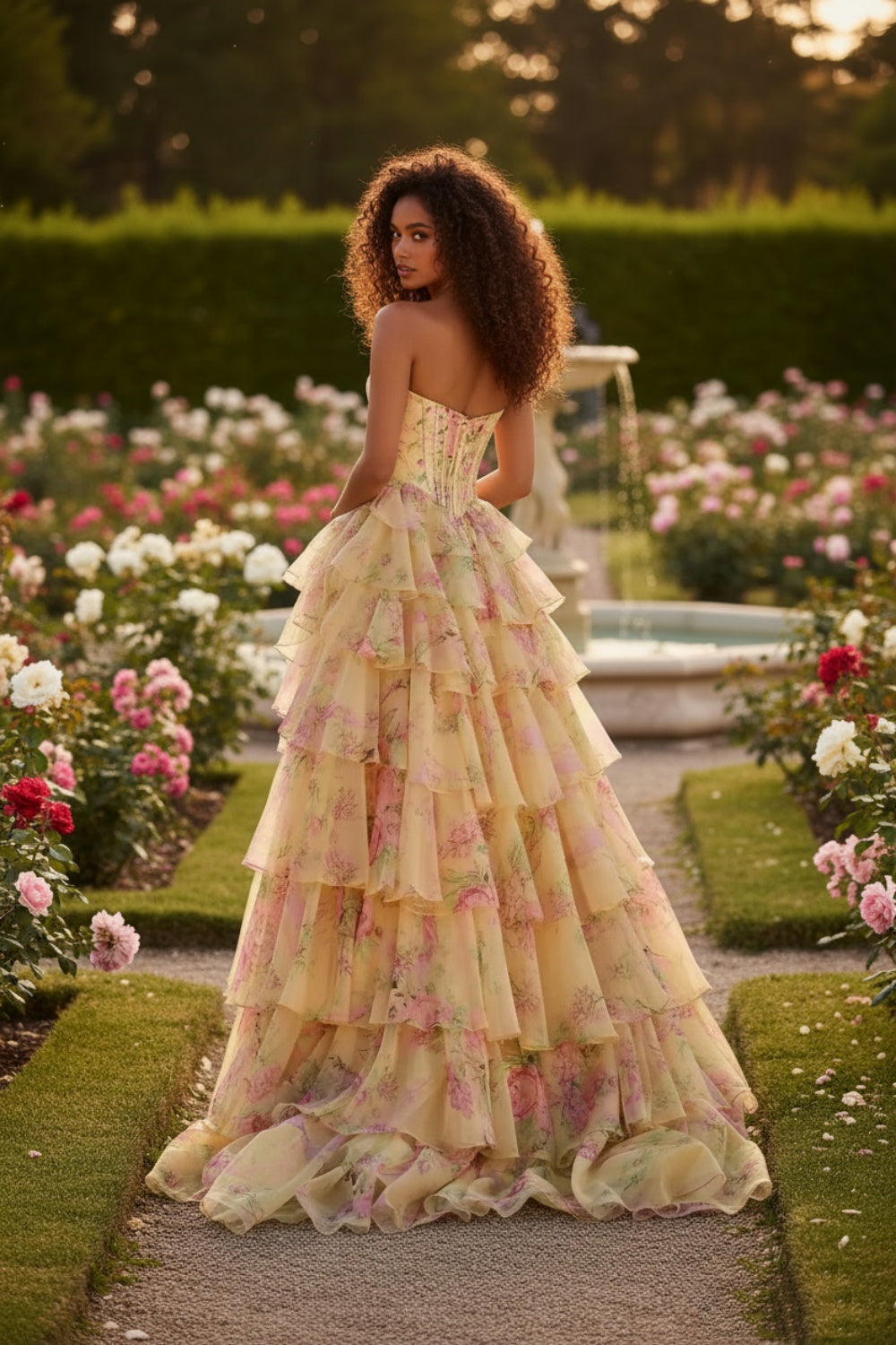 Biztunnel Floral Ruffled Strapless A Line Sleeveless Long Prom Dress with Split