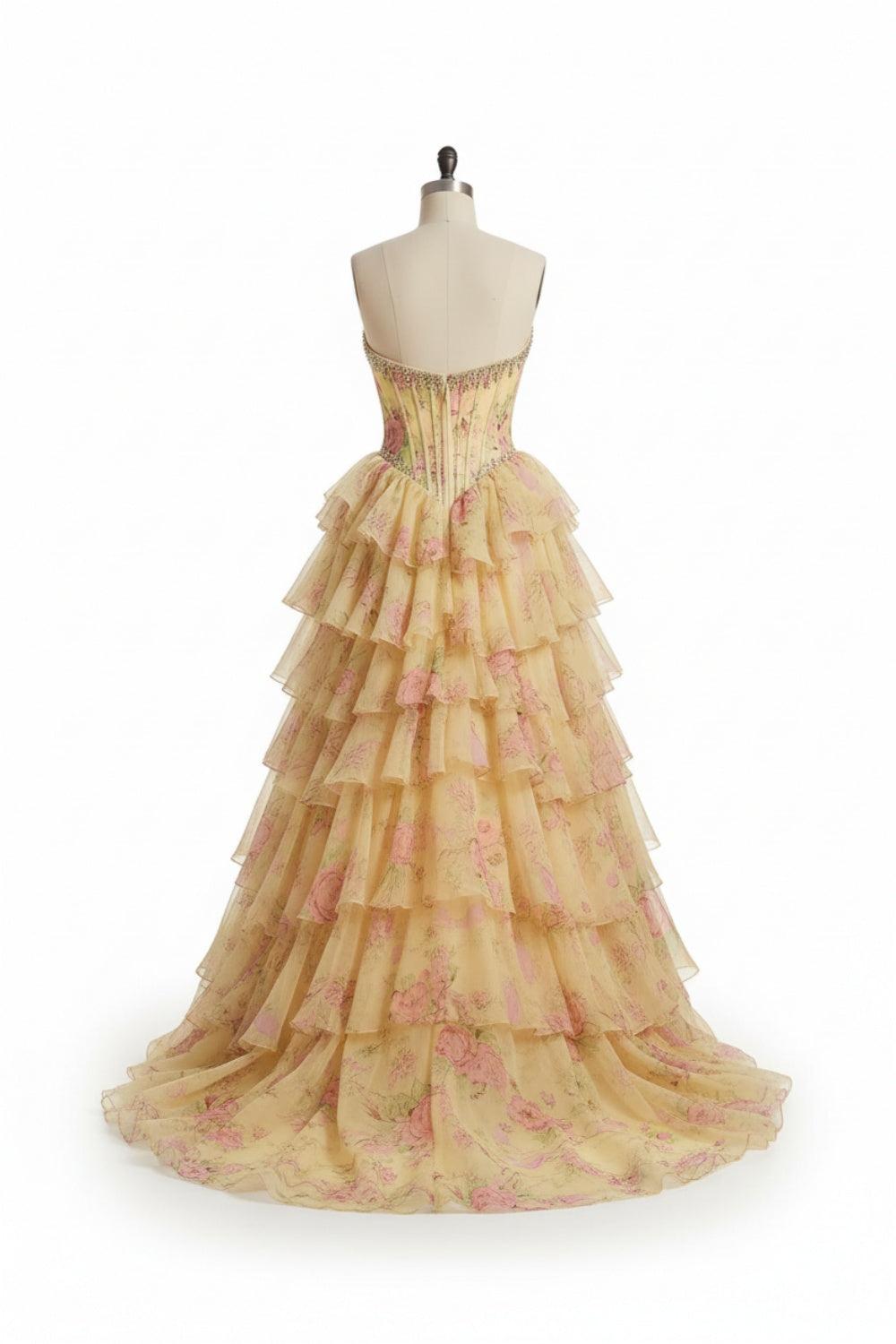 Biztunnel Floral Ruffled Strapless A Line Sleeveless Long Prom Dress with Split