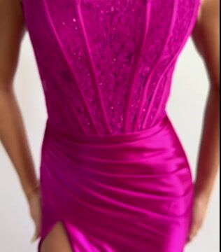 Biztunnel Fuchcia Strapless High-split Sleeveless Prom Dress with Appliques