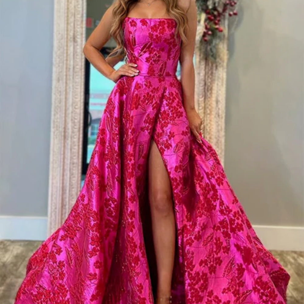 prom dresses fuschia Fuchsia Jacquard Strapless A-Line Prom Dress with Split