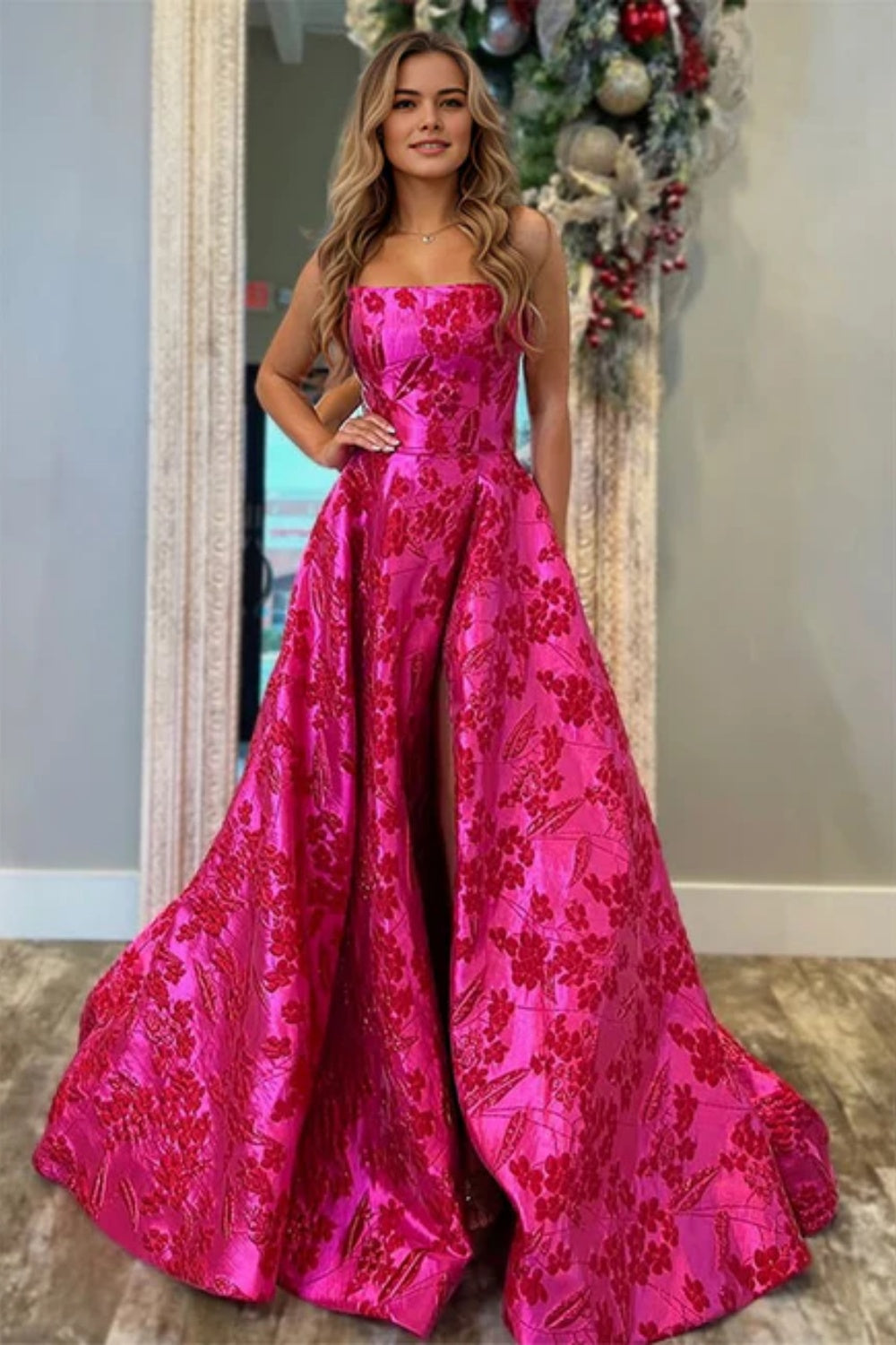 Biztunnel Fuschia Jacquard Strapless Sleeveless A Line Long Prom Dress with Split