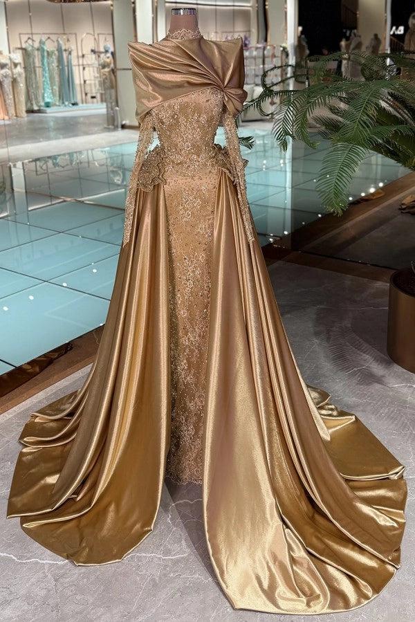 Biztunnel Golden Lace Mermaid Evening Dress Long Sleeves with Drape