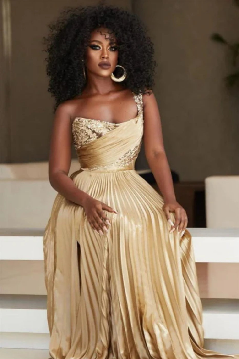 Biztunnel Golden Pleated One Shoulder High-Split A-Line Long Prom Dress with Sequins