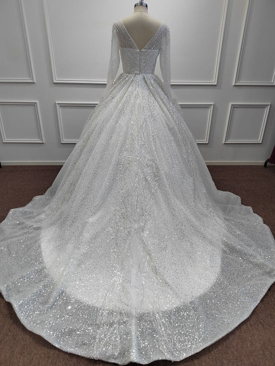 Gorgeous Long Ball Gown V-neck Glitter Sequins Wedding Dresses with Sleeves