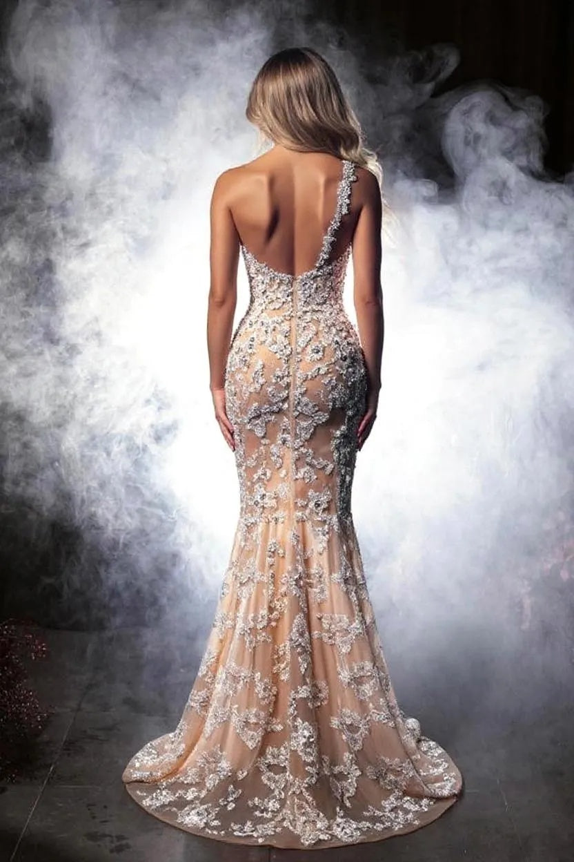 Biztunnel Gorgeous Crystal Lace One-Shoulder Mermaid Formal Dress with Split