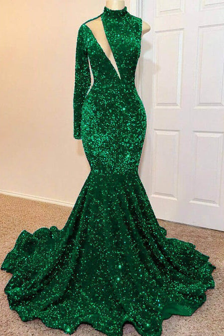 Biztunnel Green Long Sleeves Mermaid High Neck Long Prom Dress with Sequins