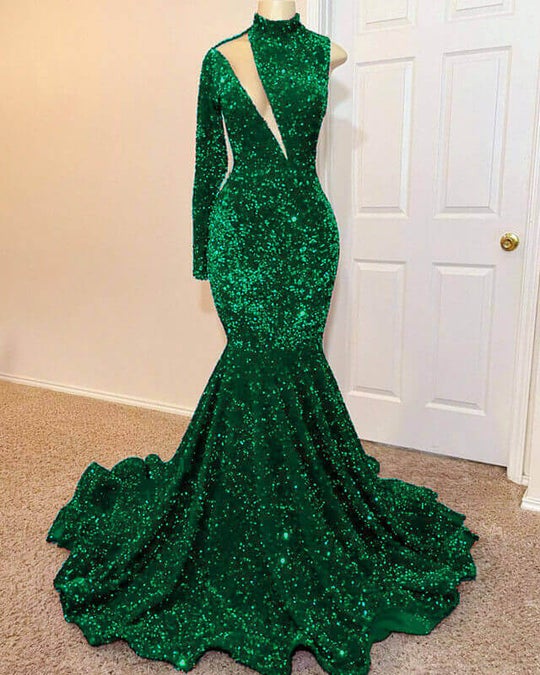 Biztunnel Green Long Sleeves Mermaid High Neck Long Prom Dress with Sequins