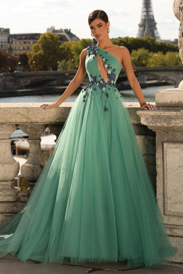 Biztunnel Green Tulle One Shoulder A Line Prom Dress with Flower