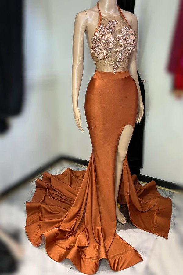 Biztunnel Halter High-Split Long Sleeveless Prom Dress With Appliques
