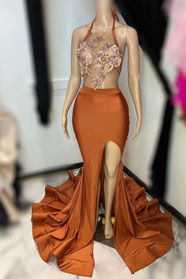 Biztunnel Halter High-Split Long Sleeveless Prom Dress With Appliques