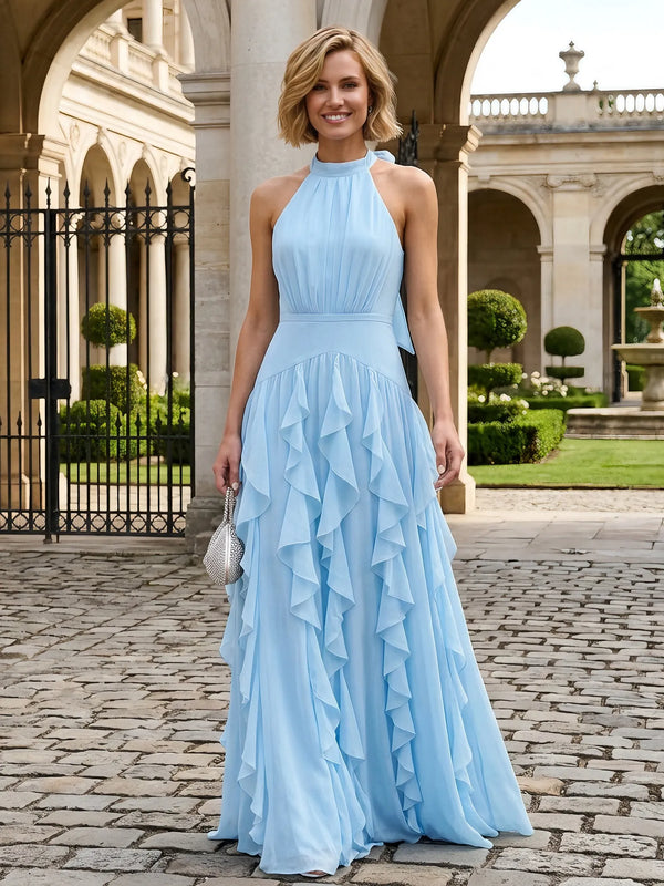 Halter Neck Ruffled Chiffon A‑Line Evening Gown Formal Wedding Guest Maxi Dress