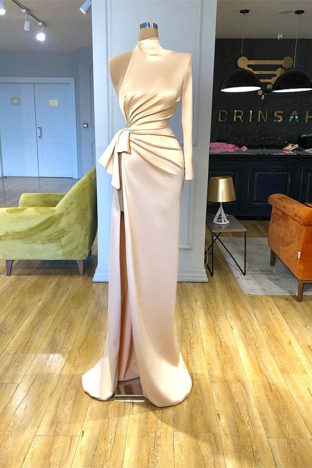 Biztunnel High Neck One Shoulder High-split Sheath Prom Dress with Bow