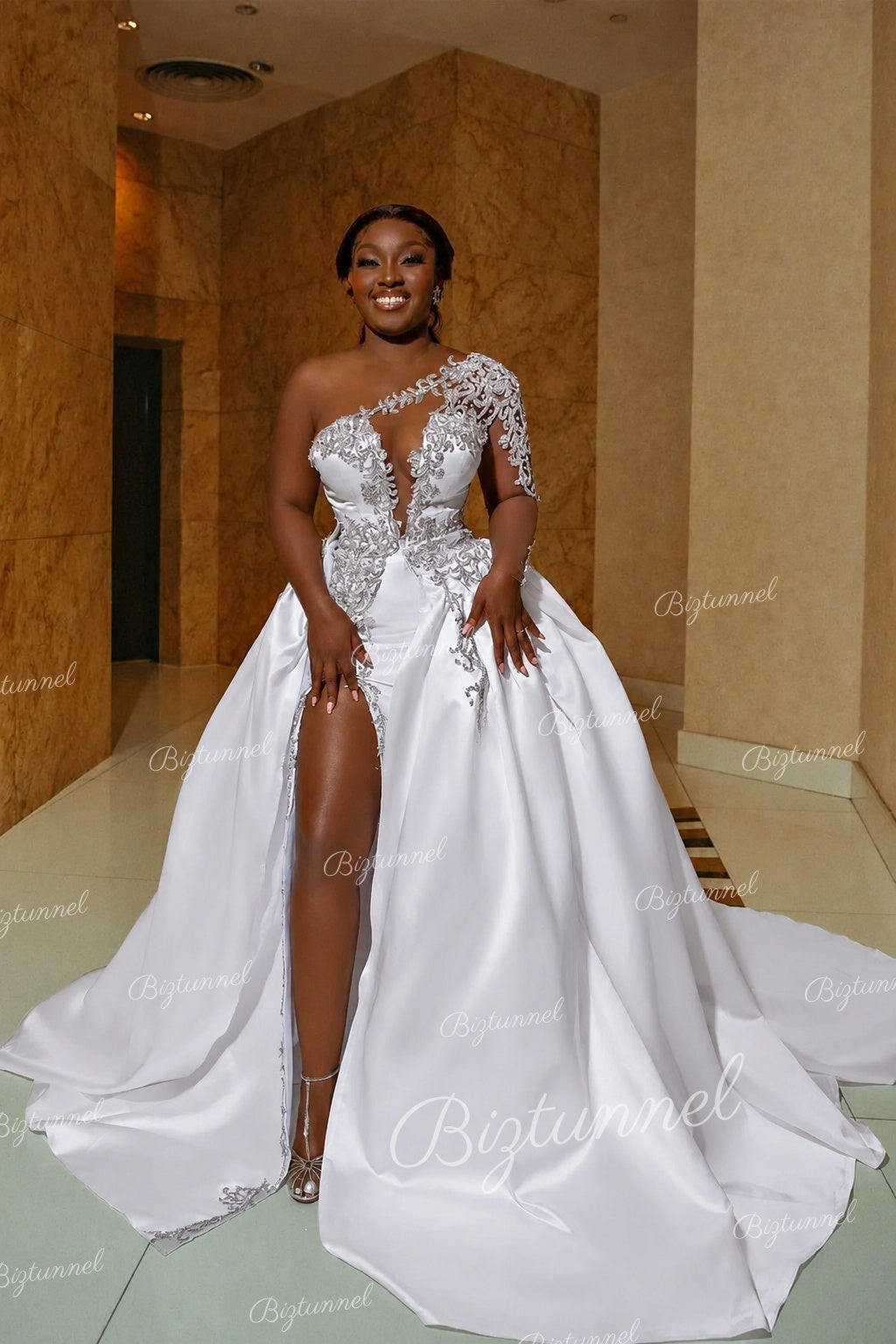 Ivory Biztunnel Gorgeous Long A-line Satin Wedding Dress with Slit