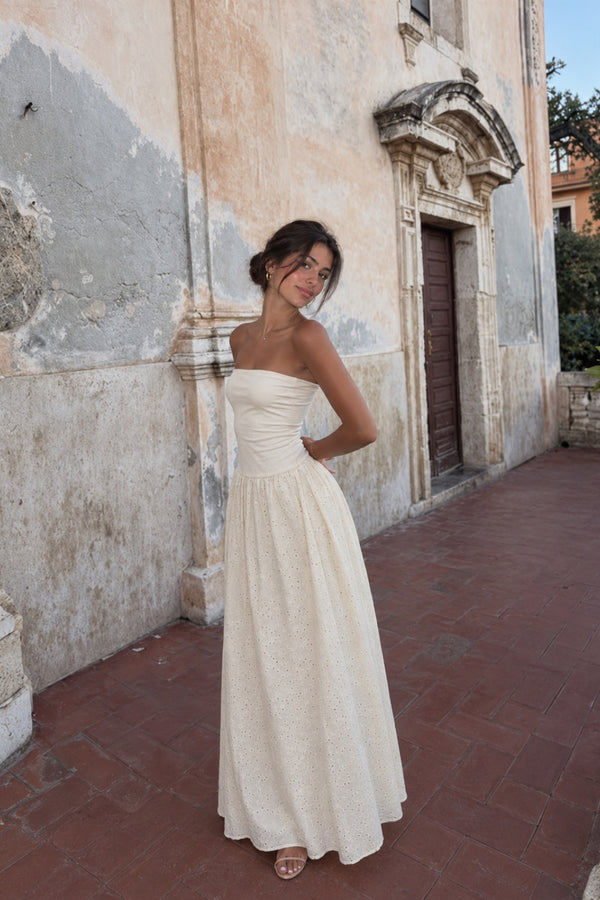 Ivory Strapless Eyelet Lace A-Line Maxi Dress