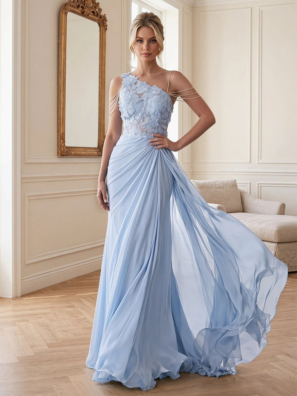Light Blue One Shoulder 3D Floral Chiffon Mother of the Bride Dress with Chain Strap
