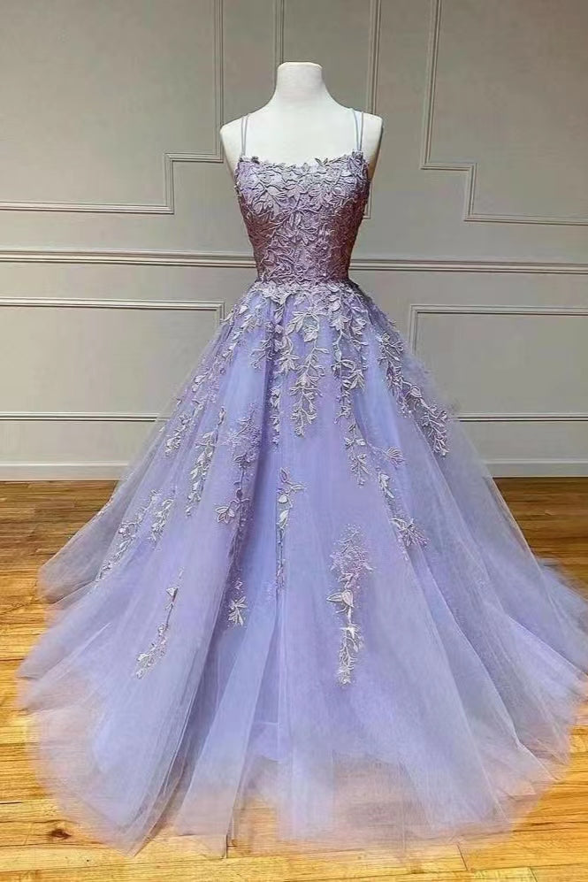 Biztunnel Lilac Spaghetti-Straps Tulle A-Line Evening Dress with Appliques