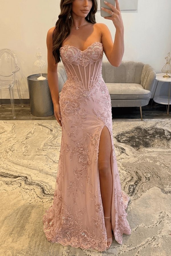 Long Sweetheart Tulle Lace-up Mermaid Prom Dress with Slit