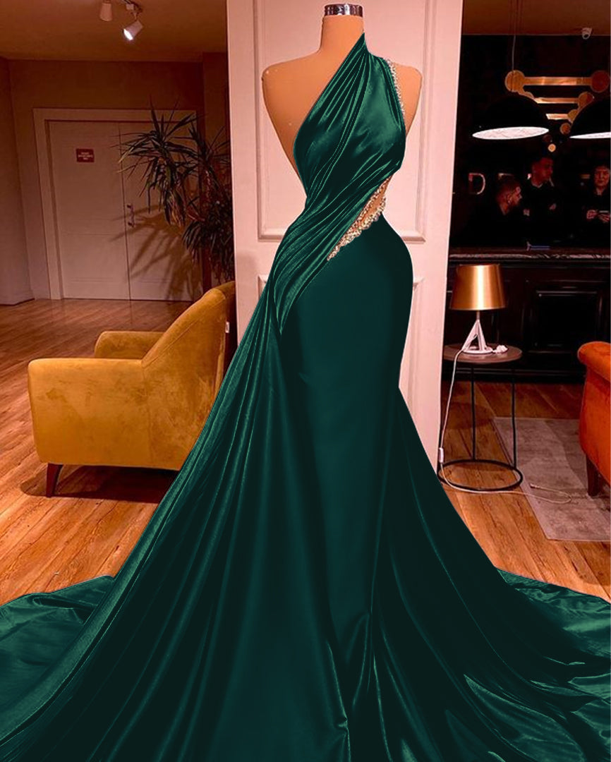 Biztunnel Long Mermaid Satin Prom Dress One Shoulder With Drape
