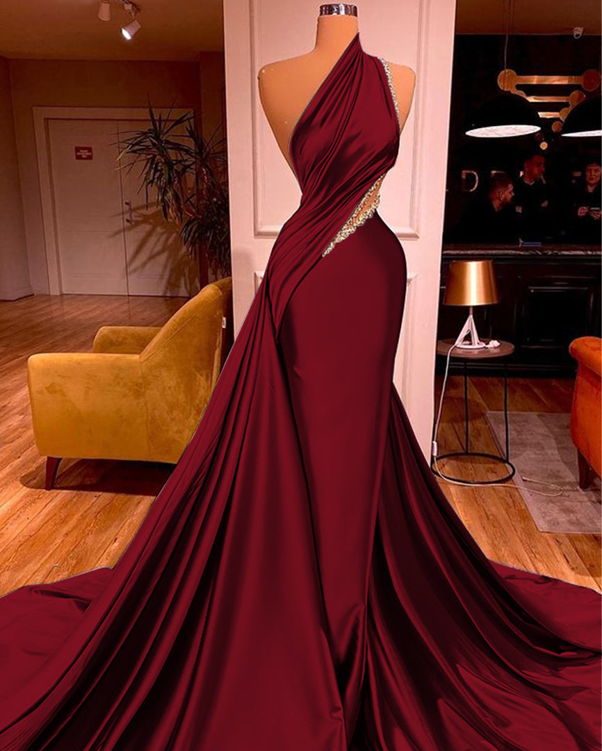 Biztunnel Long Mermaid Satin Prom Dress One Shoulder With Drape