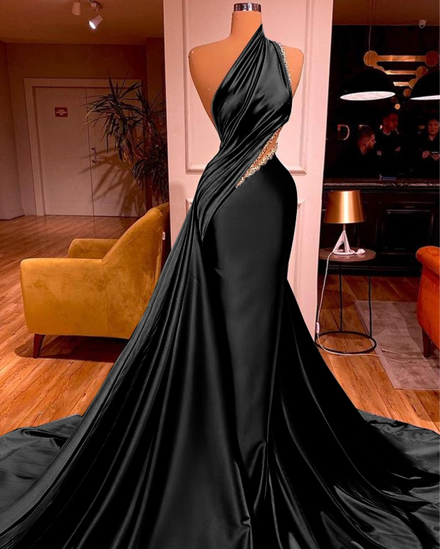 Biztunnel Long Mermaid Satin Prom Dress One Shoulder With Drape