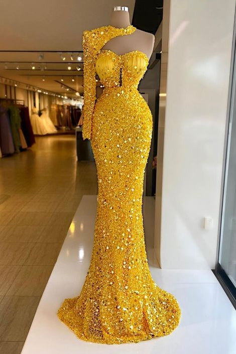 Biztunnel Long Sleeve Yellow Mermaid Sequin One Shoulder Evening Dress