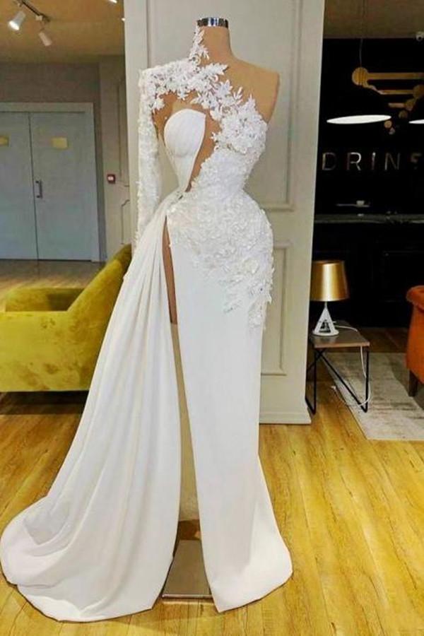 Biztunnel Long Sleeves One Shoulder White High-Split Wedding Dress with Appliques