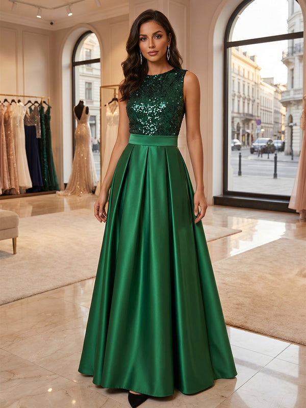 Satin Sleeveless Sequins Floor-Length Evening Dresses