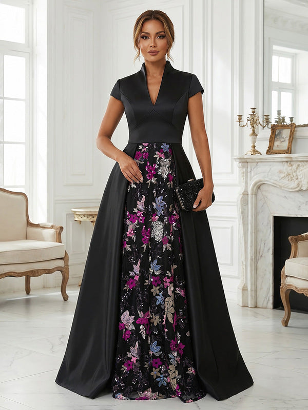 Cap Sleeves Satin Floral Formal Dresses with Overskirt